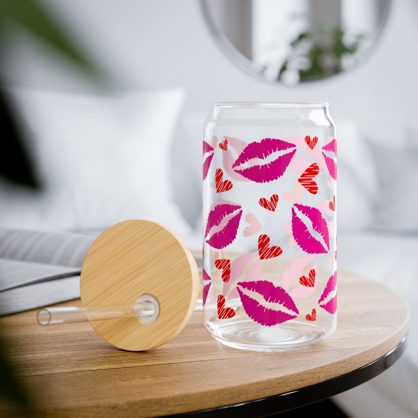 Kiss Print 16oz Sipper Glass with Straw – Cute Lip & Hearts Cold Drink Tumbler