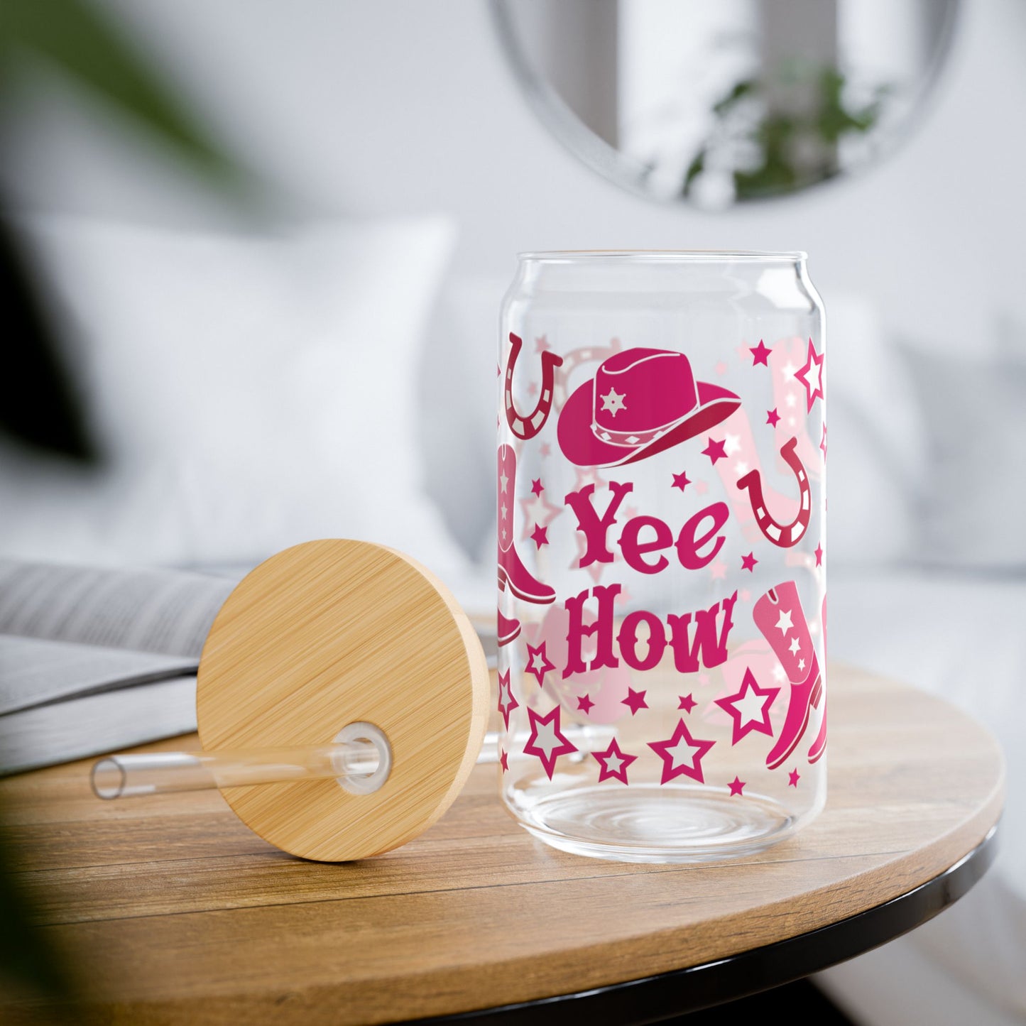 Cowgirl Sipper Glass 16oz — Pink Boots, Hats & 'Yee How' Mason Tumbler