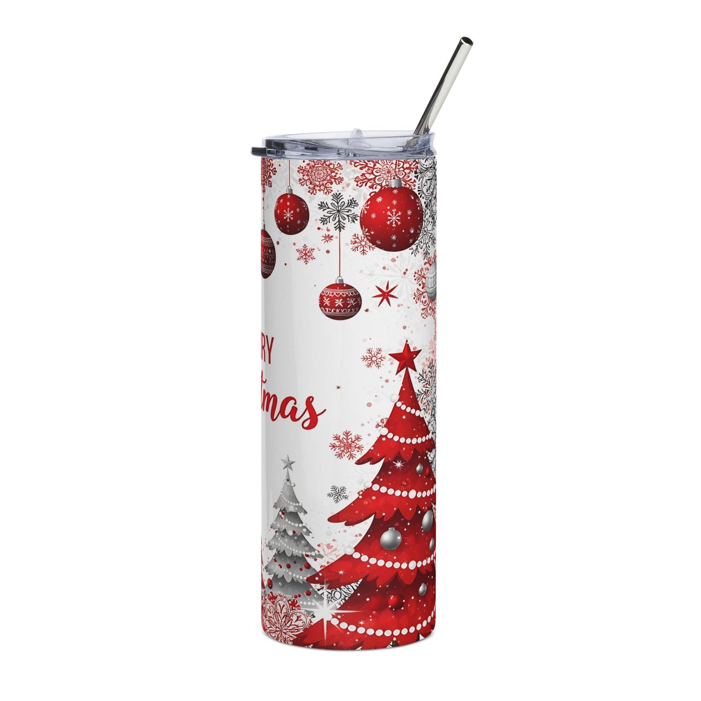 Merry Christmas 20oz Stainless Tumbler - Holiday Red Ornament & Tree Travel Cup