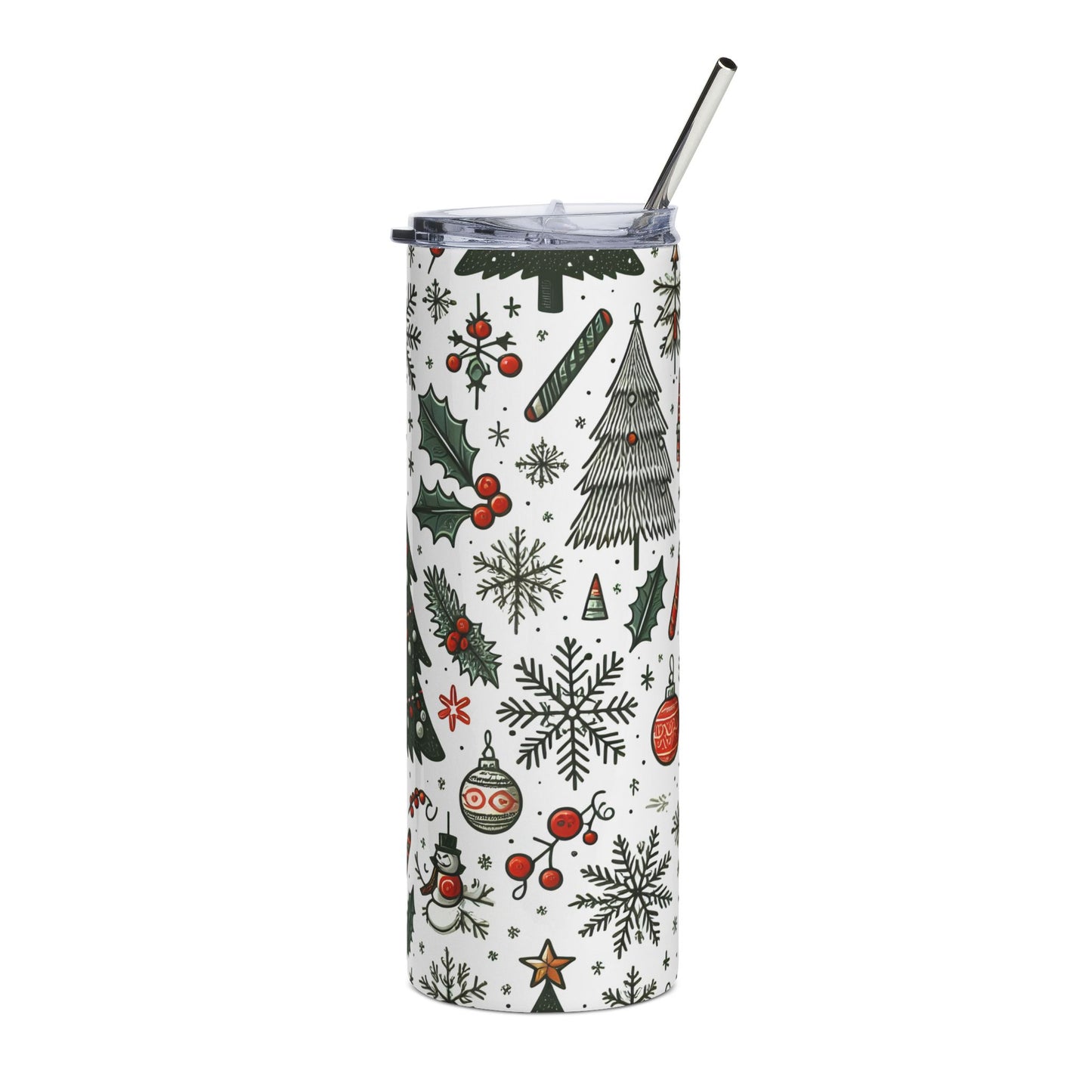 Christmas Holiday Skinny Tumbler 20oz — Festive Tree & Ornaments Stainless Steel Travel Cup