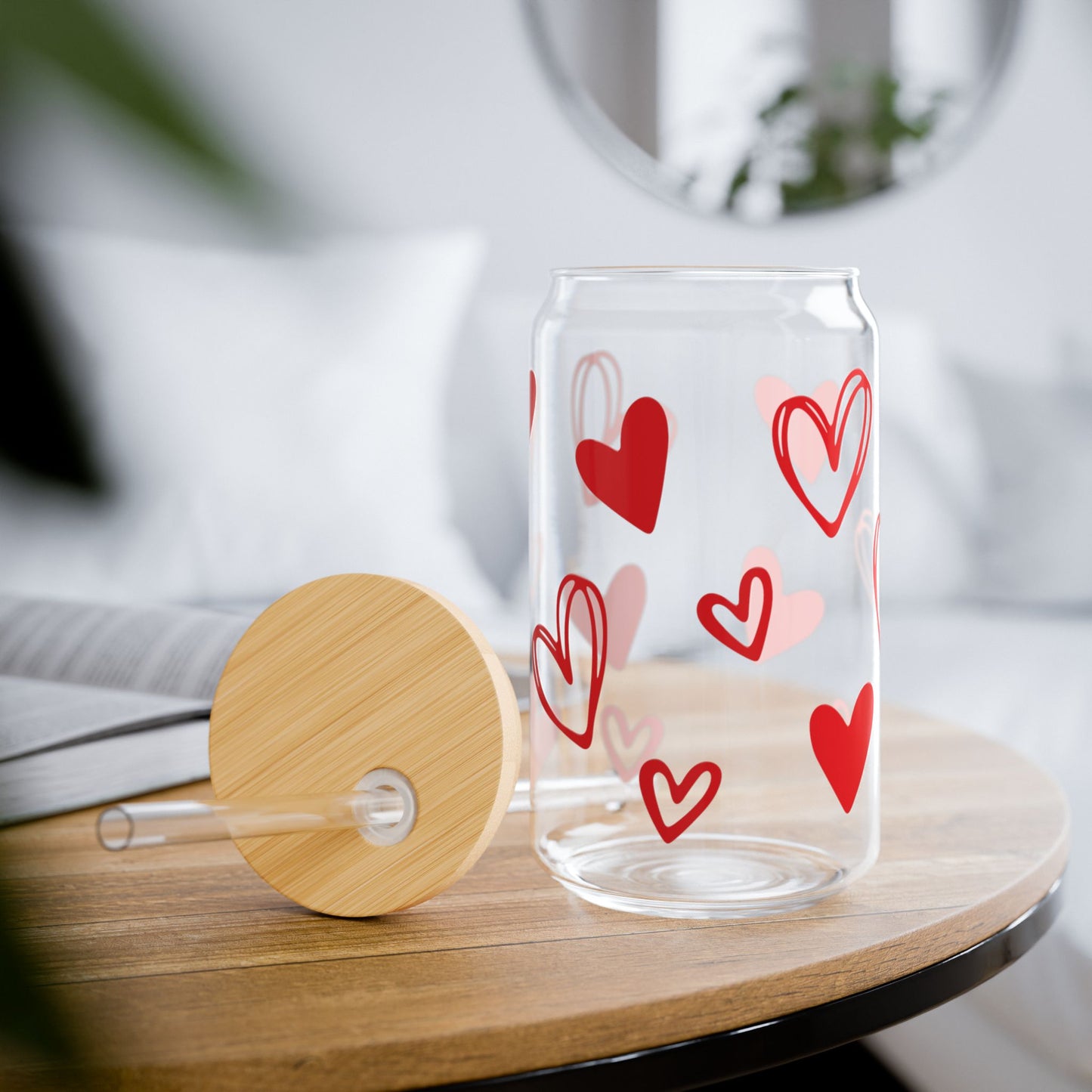 Heart Pattern Sipper Glass – 16oz Love Glass with Straw