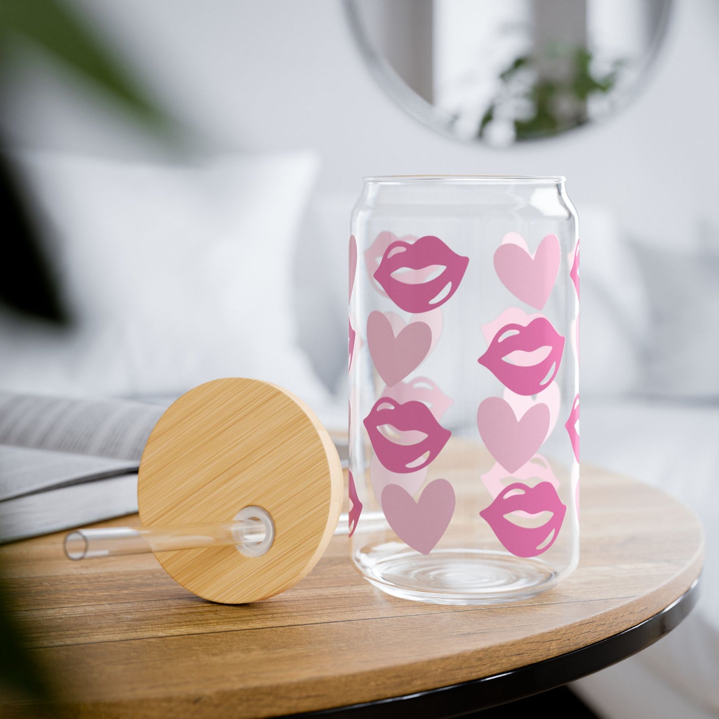 Kiss & Hearts Sipper Glass — 16oz Pink Lip Print Tumbler with Straw