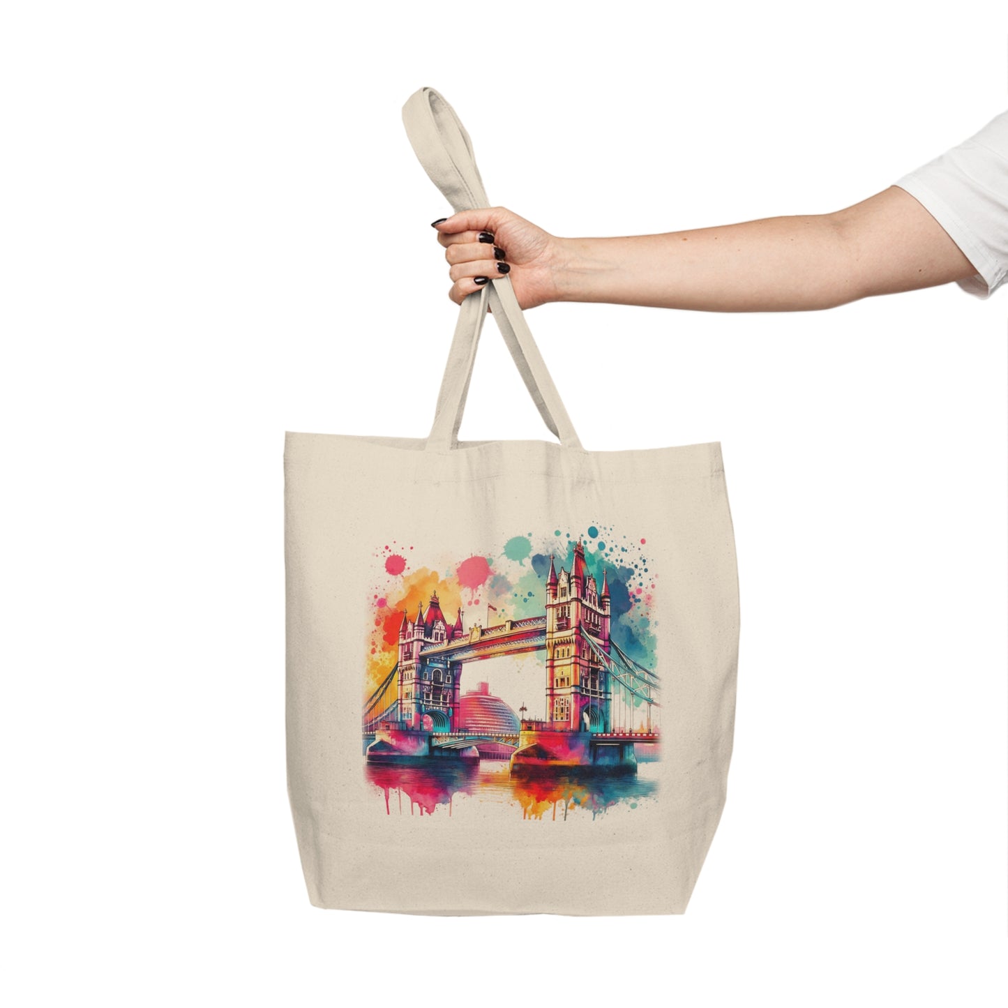 Watercolor Tower Bridge Canvas Tote — Colorful London Travel Market Bag