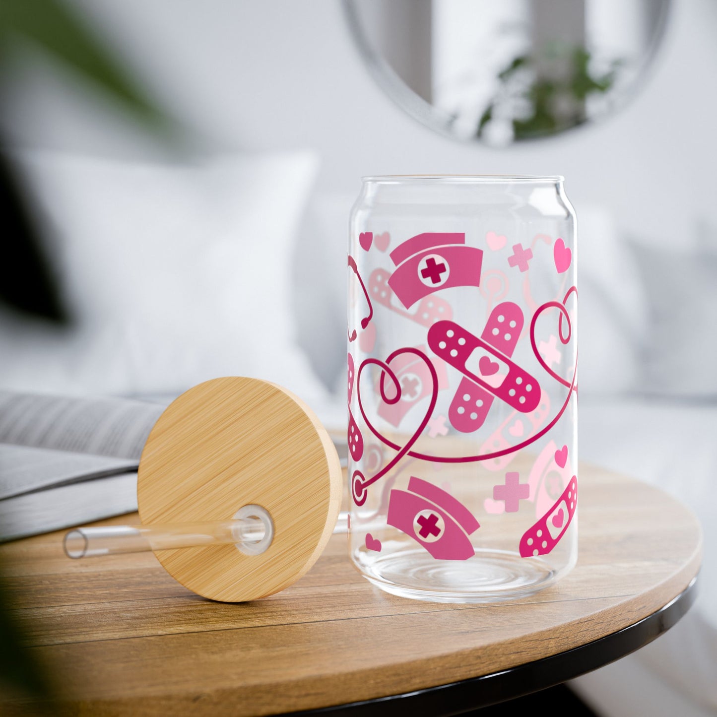 16oz Medical Hearts Sipper Glass – Nurse Stethoscope & Bandage Drink Tumbler