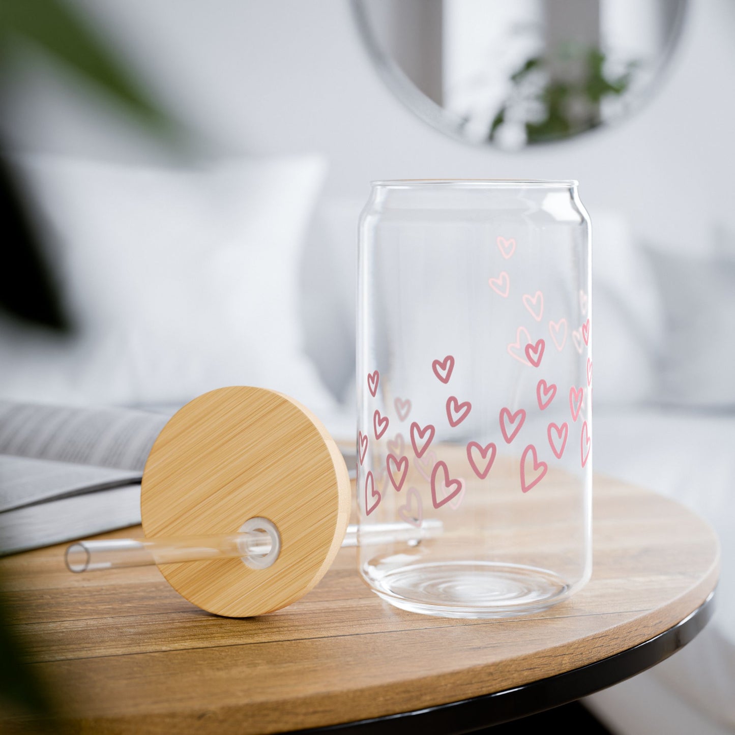 Heart Pattern Sipper Glass — 16oz Clear Tumbler with Pink Hearts & Bamboo Lid