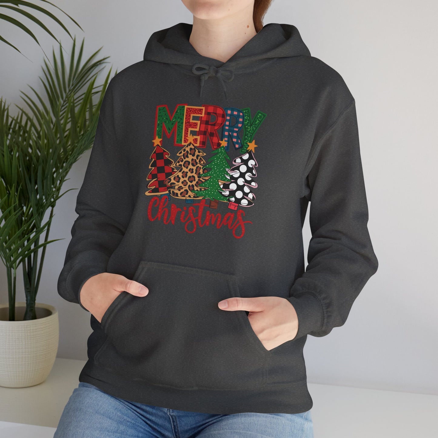 Merry Christmas Pine Tree Hoodie — Festive Buffalo Plaid Holiday Sweatshirt
