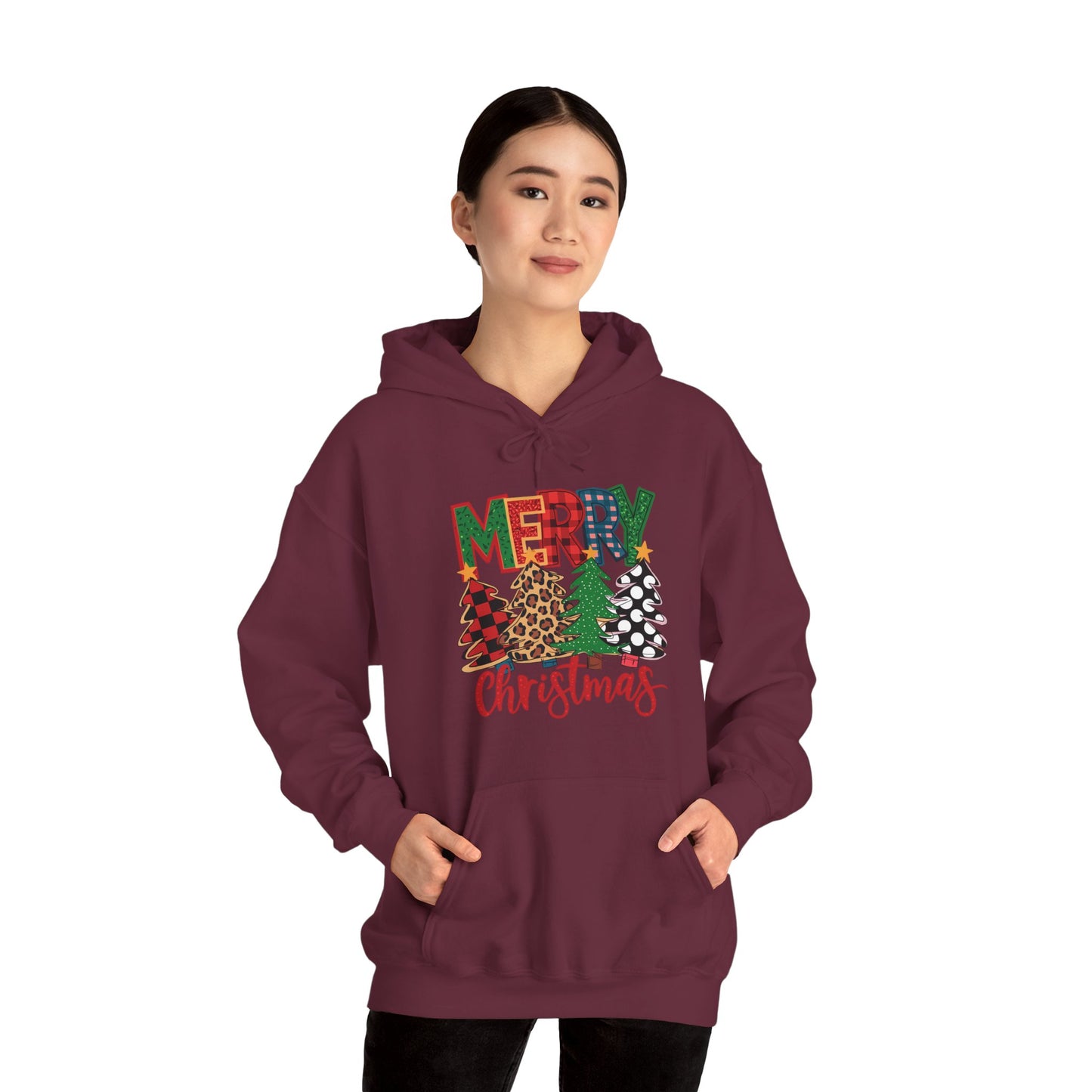 Merry Christmas Pine Tree Hoodie — Festive Buffalo Plaid Holiday Sweatshirt