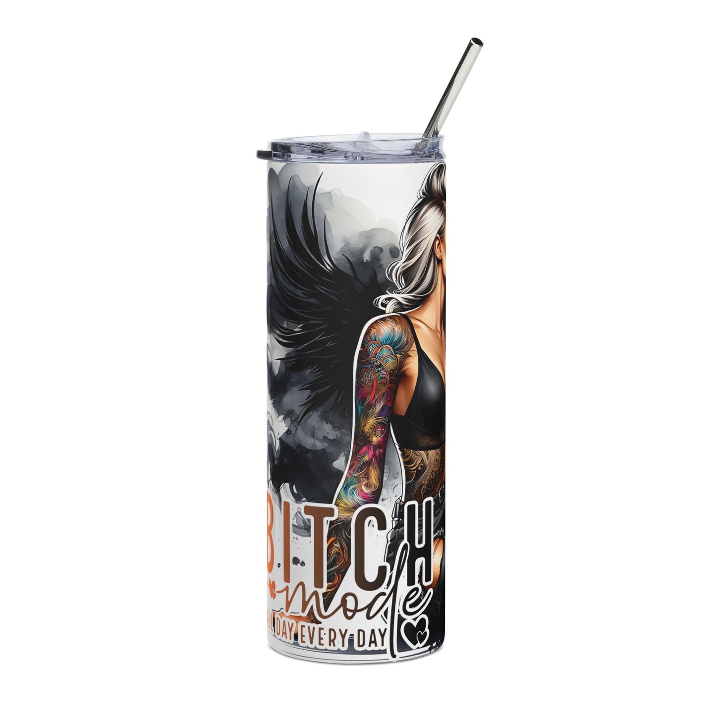 20oz Stainless Steel Tumbler — Edgy Angel Tattoo Design ("Bitch Mode" Accent)