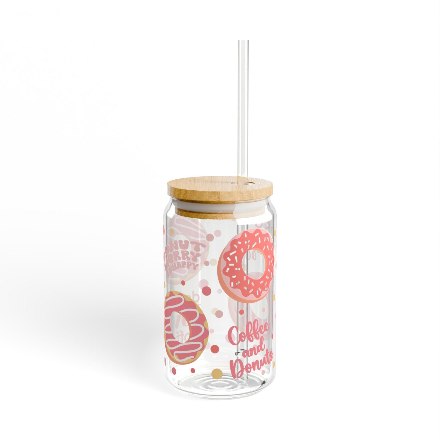 Donut & Coffee Sipper Glass - 16oz Cute Donut Patterned Straw Tumbler