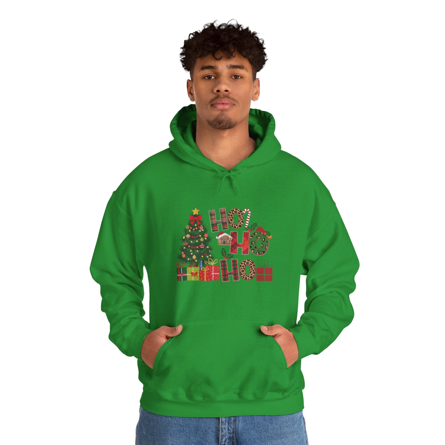 Christmas 'Ho Ho Ho' Hoodie with Tree & Gifts - Festive Holiday Sweatshirt