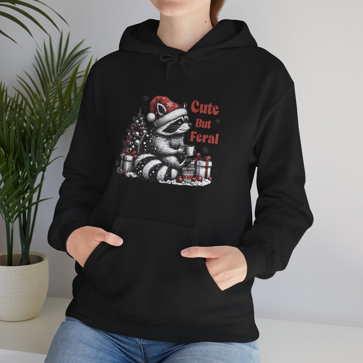 Cute But Feral Raccoon Holiday Hoodie — Christmas Animal Graphic Sweatshirt