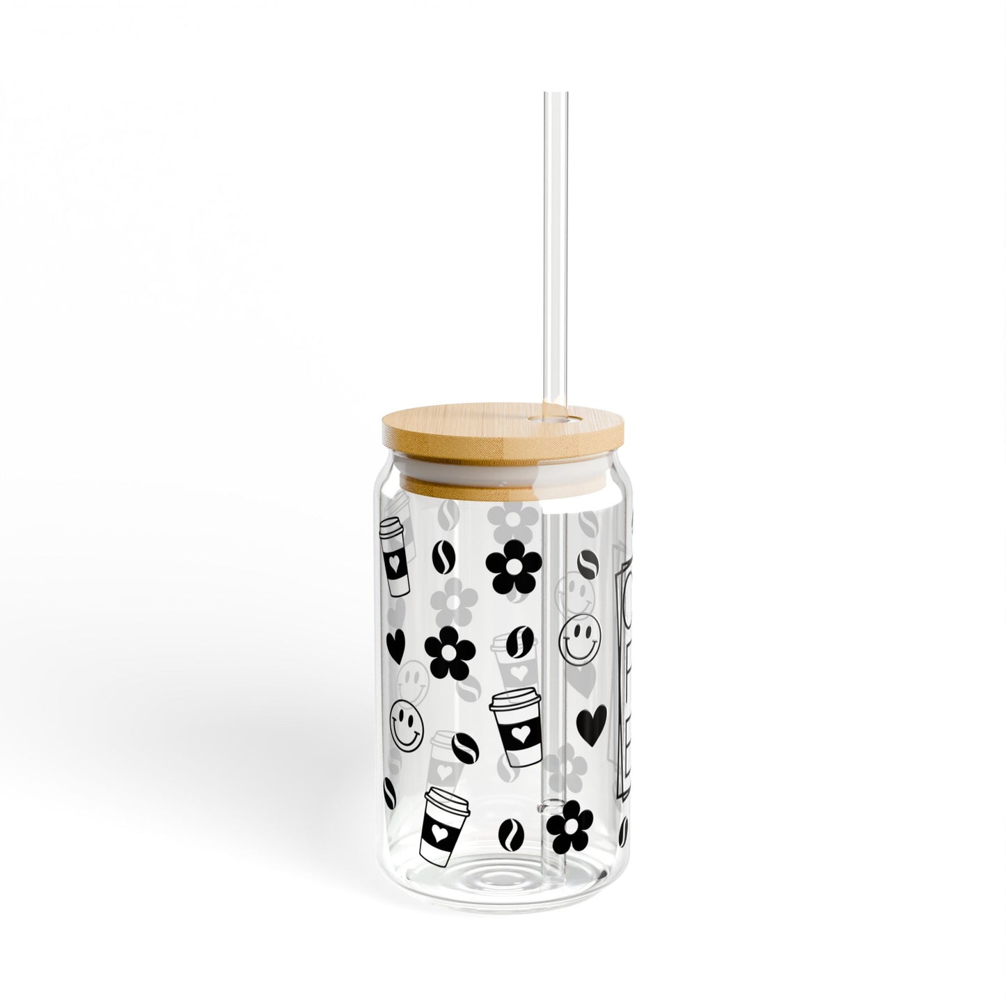 Coffee Sipper Glass 16oz — Floral & Coffee Bean Travel Tumbler with Bamboo Lid