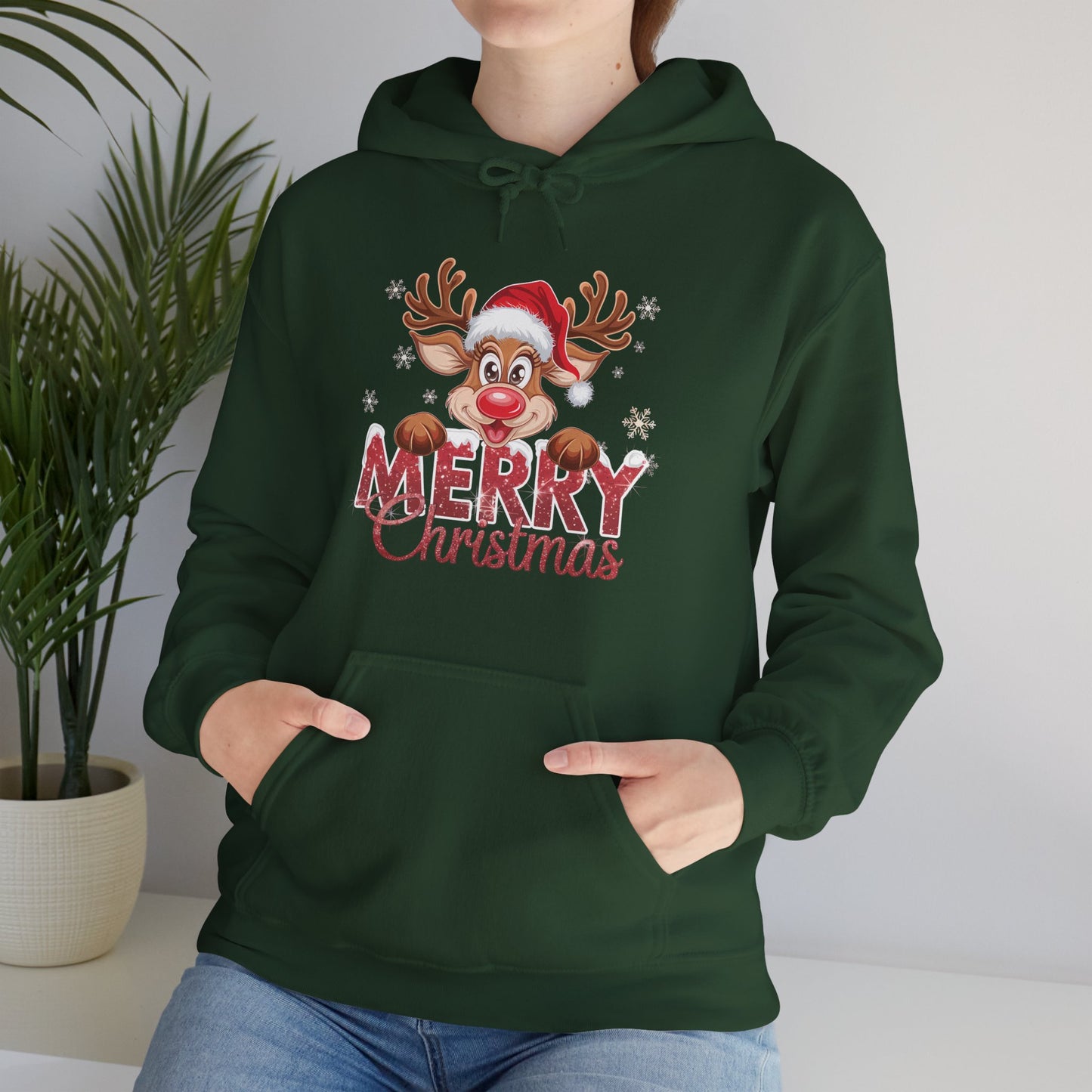 Christmas Reindeer Hoodie - 'Merry Christmas' Cute Santa Reindeer Holiday Sweatshirt
