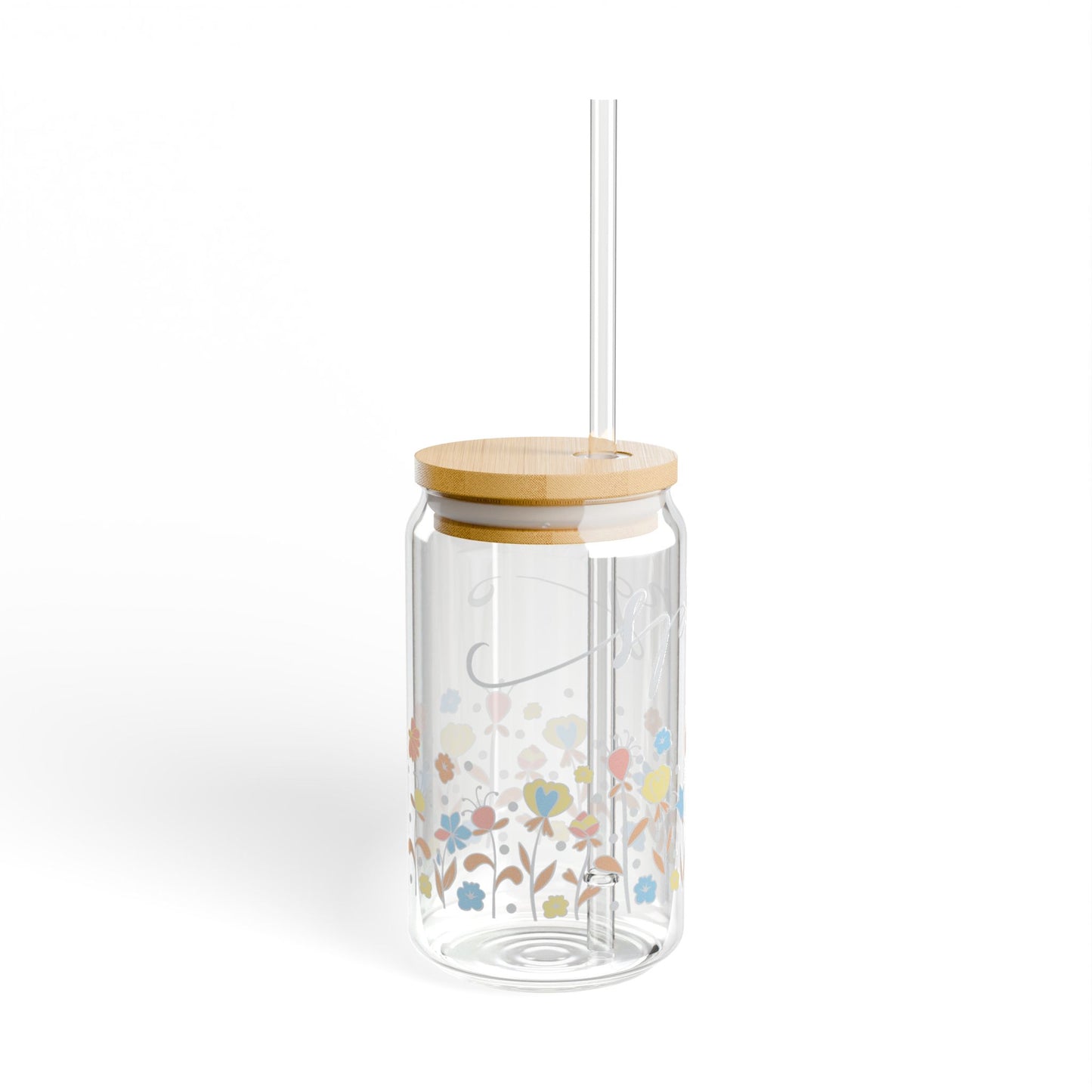 16oz Floral Sipper Glass Tumbler with Bamboo Lid & Straw — Pretty Pastel Flower Design