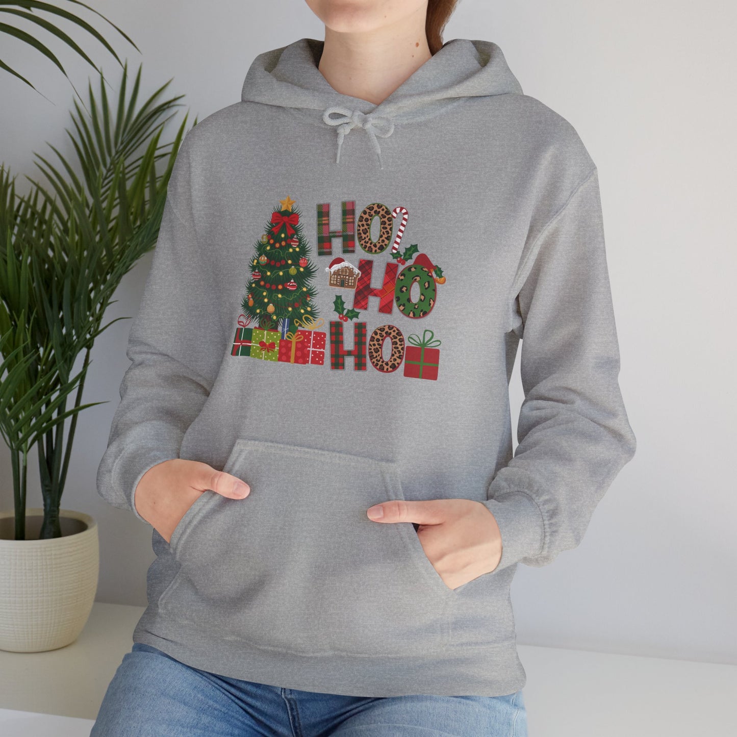 Christmas 'Ho Ho Ho' Hoodie with Tree & Gifts - Festive Holiday Sweatshirt