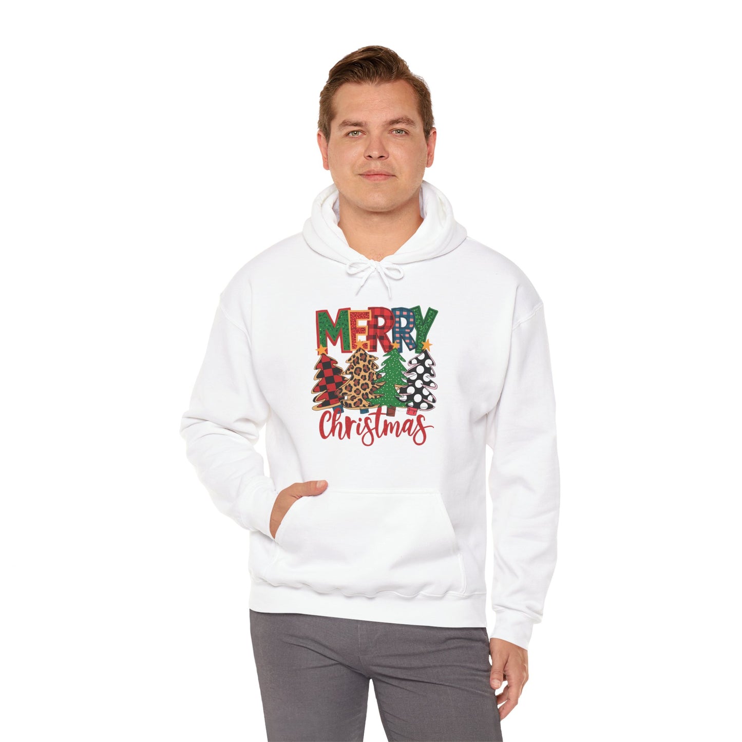 Merry Christmas Pine Tree Hoodie — Festive Buffalo Plaid Holiday Sweatshirt
