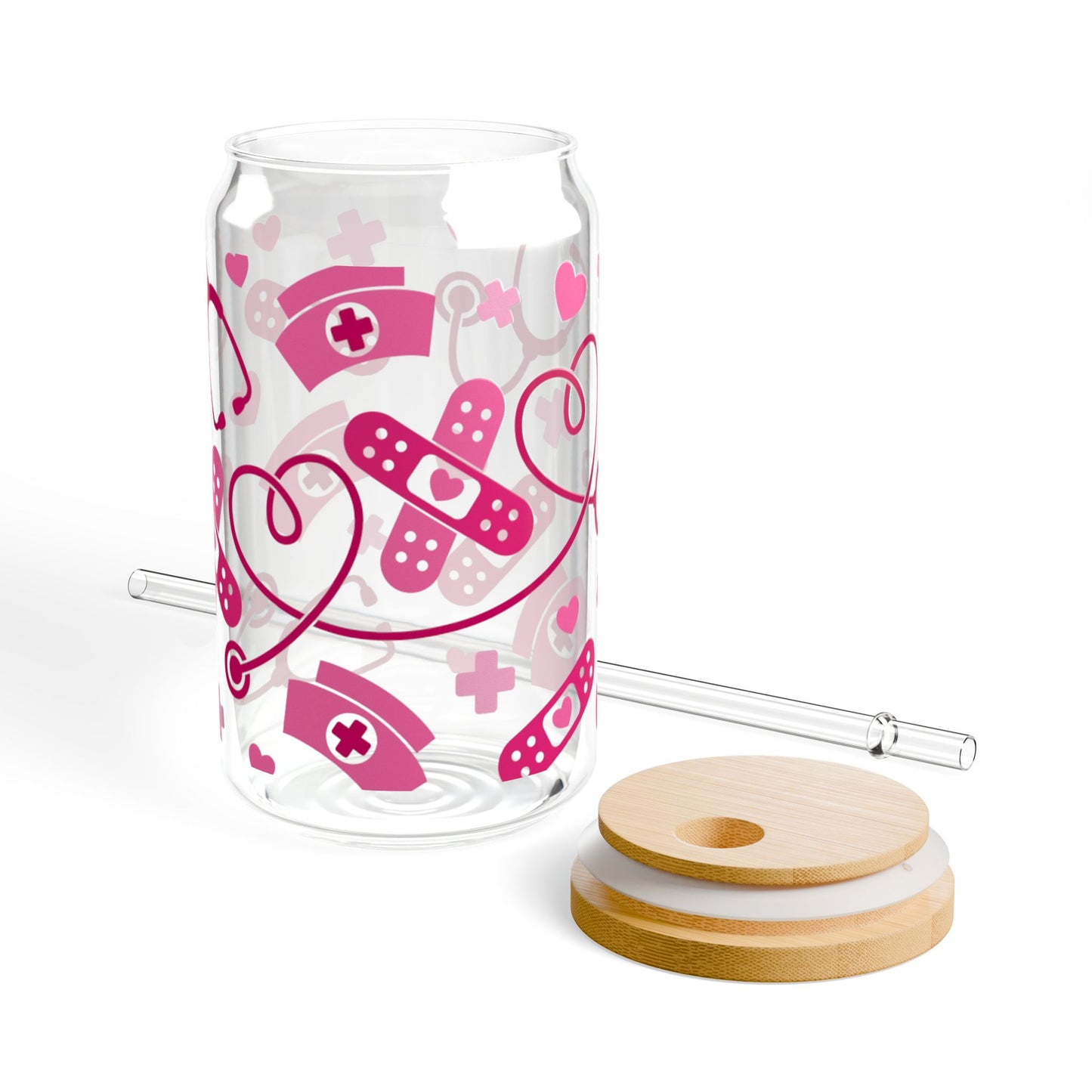 16oz Medical Hearts Sipper Glass – Nurse Stethoscope & Bandage Drink Tumbler