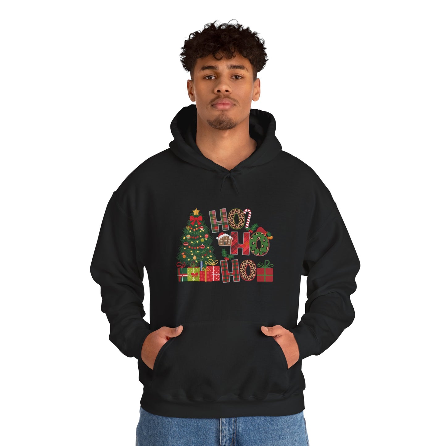 Christmas 'Ho Ho Ho' Hoodie with Tree & Gifts - Festive Holiday Sweatshirt