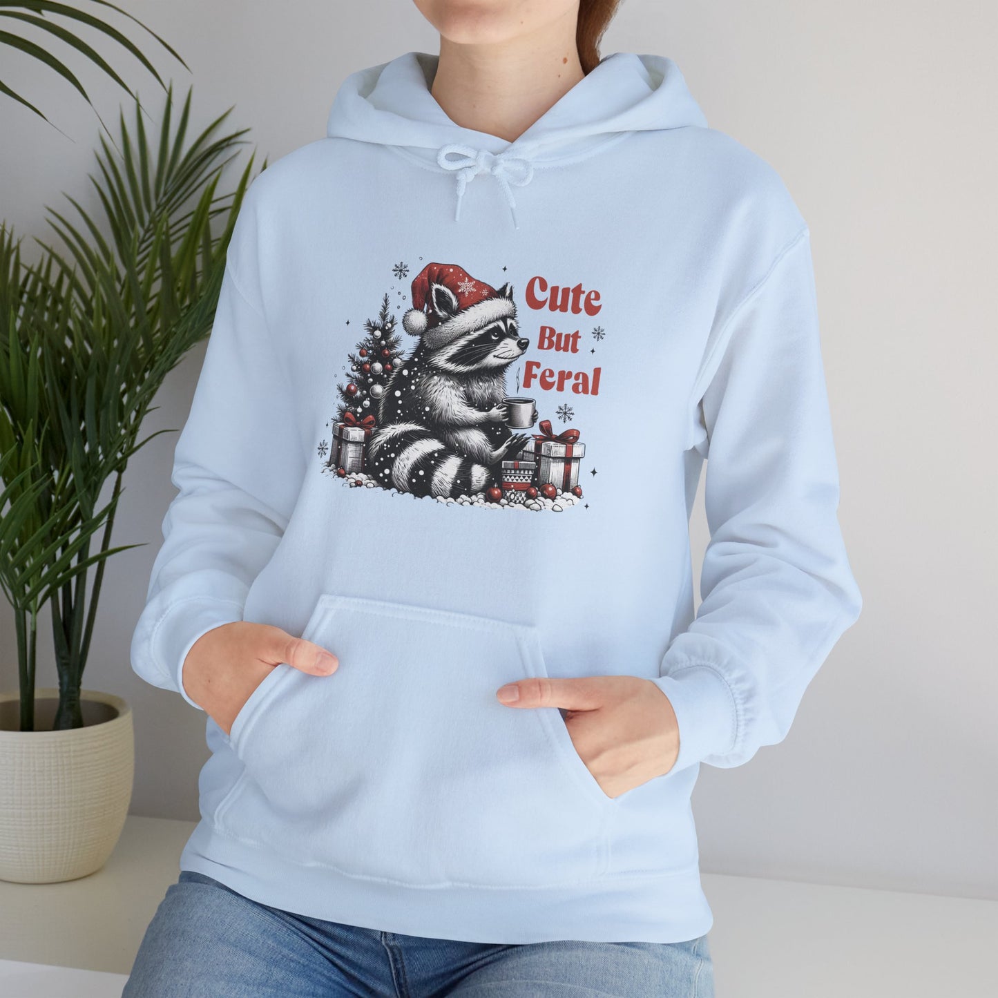 Cute But Feral Raccoon Holiday Hoodie — Christmas Animal Graphic Sweatshirt