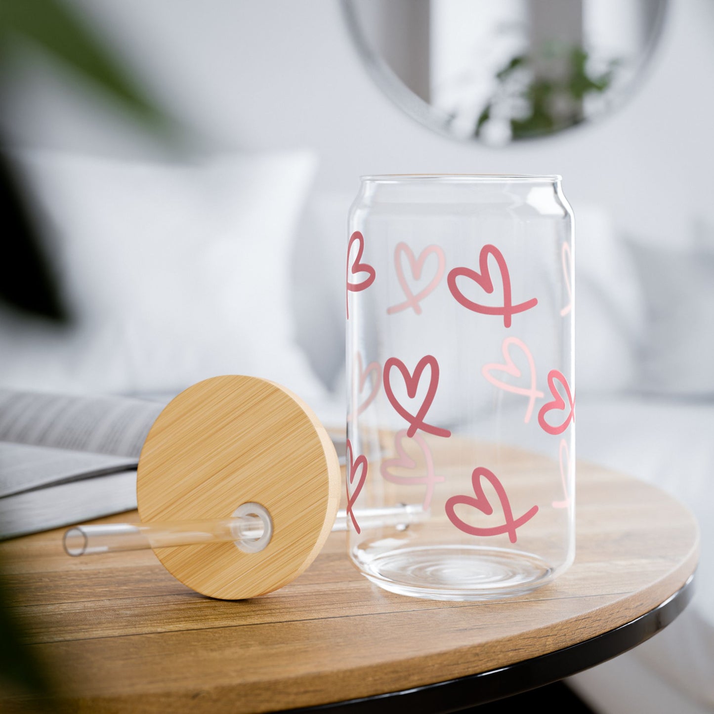 Glass Sipper Cup – Pink Doodle Hearts, 16oz Reusable Straw Tumbler