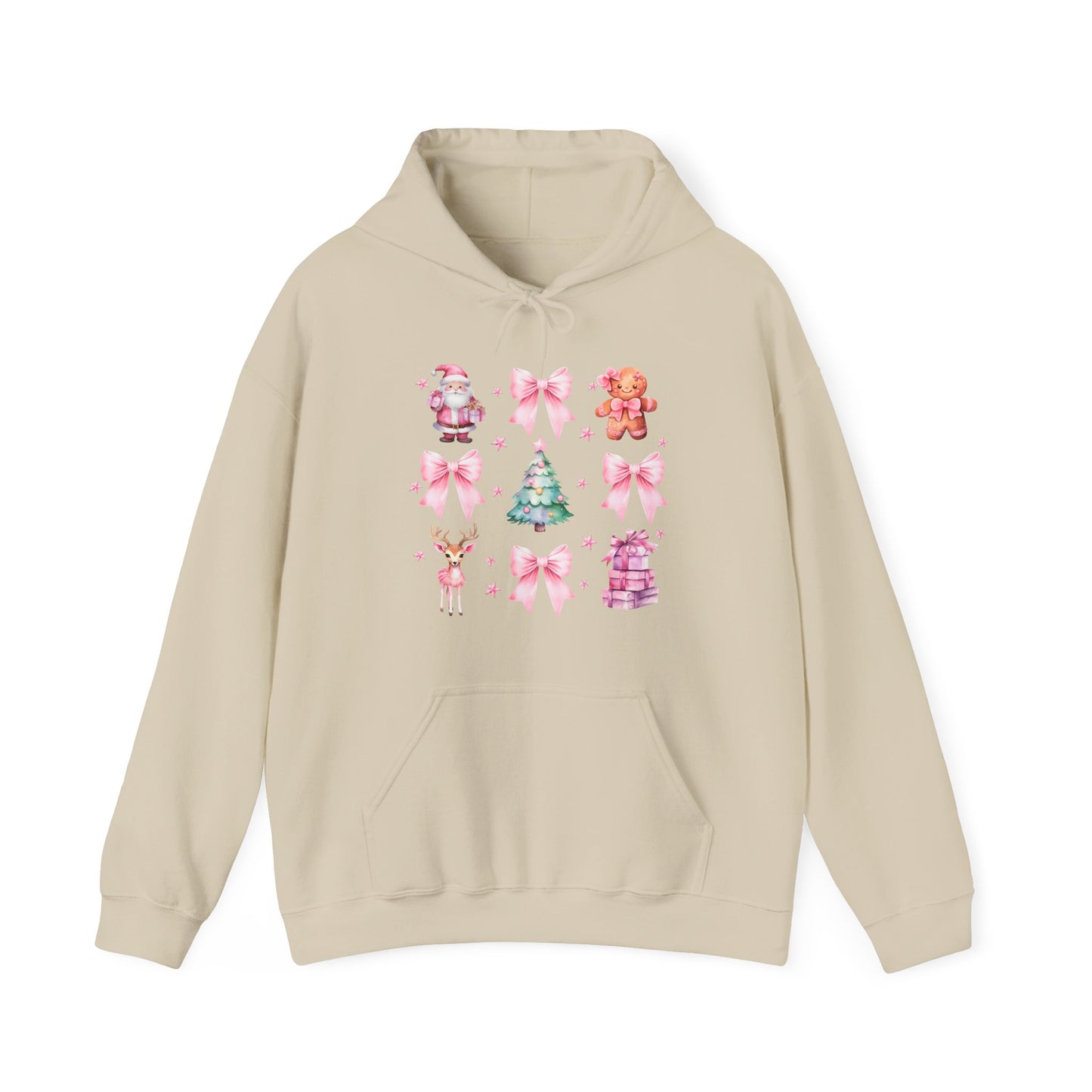 Christmas Graphic Hoodie — Pink Holiday Icons (Santa, Tree, Gingerbread, Bows)
