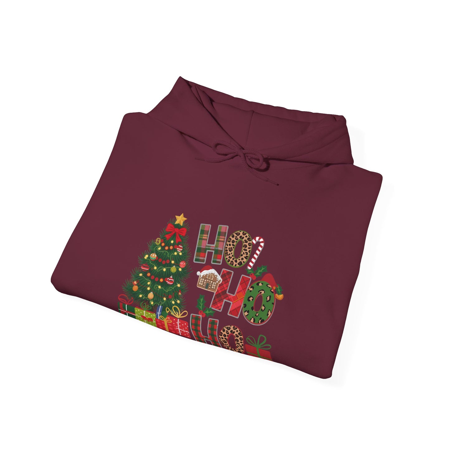 Christmas 'Ho Ho Ho' Hoodie with Tree & Gifts - Festive Holiday Sweatshirt