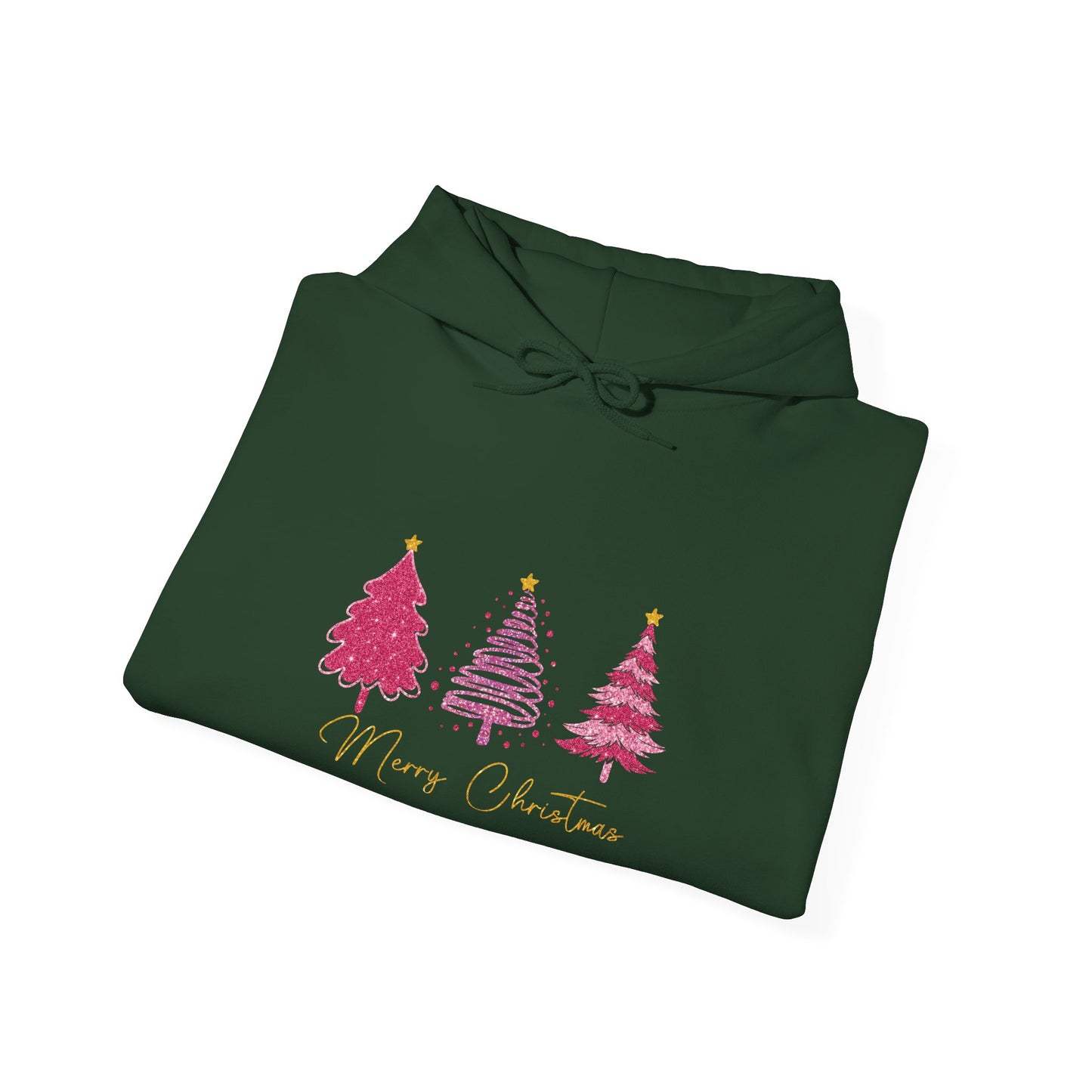 Christmas Pink Tree Hoodie — Merry Christmas Script Holiday Sweatshirt