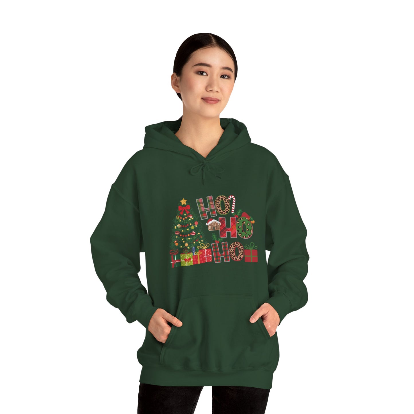 Christmas 'Ho Ho Ho' Hoodie with Tree & Gifts - Festive Holiday Sweatshirt