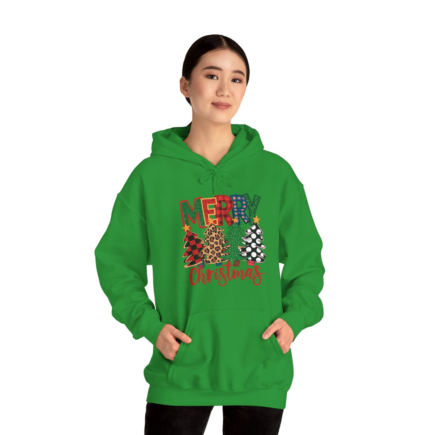 Merry Christmas Pine Tree Hoodie — Festive Buffalo Plaid Holiday Sweatshirt