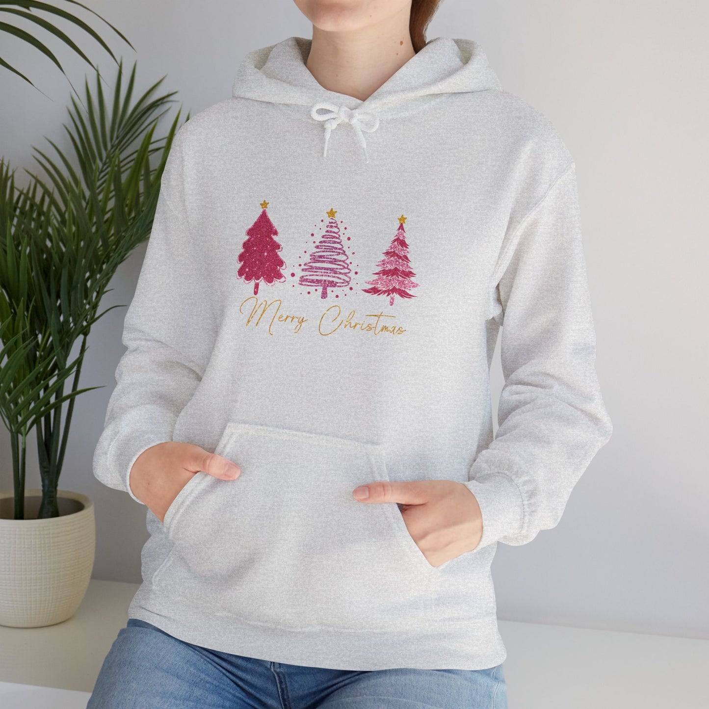 Christmas Pink Tree Hoodie — Merry Christmas Script Holiday Sweatshirt
