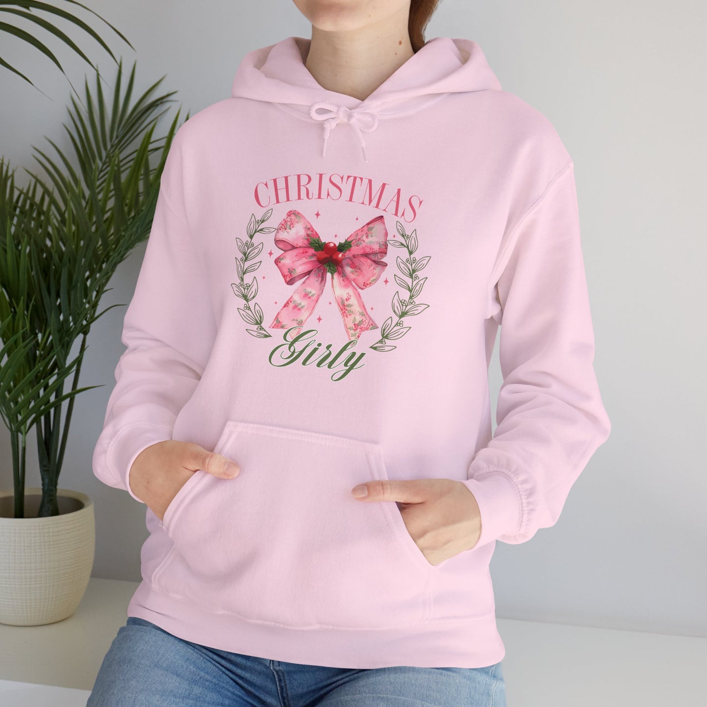 Christmas Girly Hoodie – Pink Bow Wreath Holiday Sweatshirt