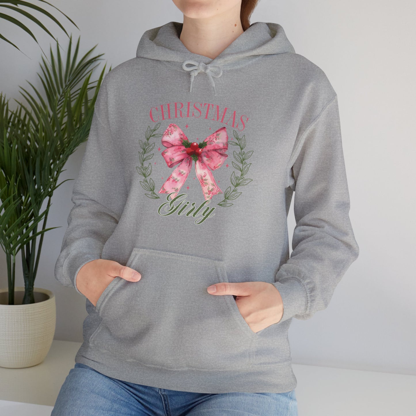 Christmas Girly Hoodie – Pink Bow Wreath Holiday Sweatshirt