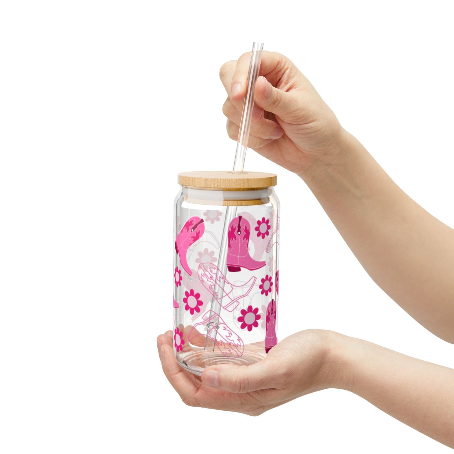 16oz Sipper Glass — Pink Cowgirl Boots & Flowers Travel Tumbler