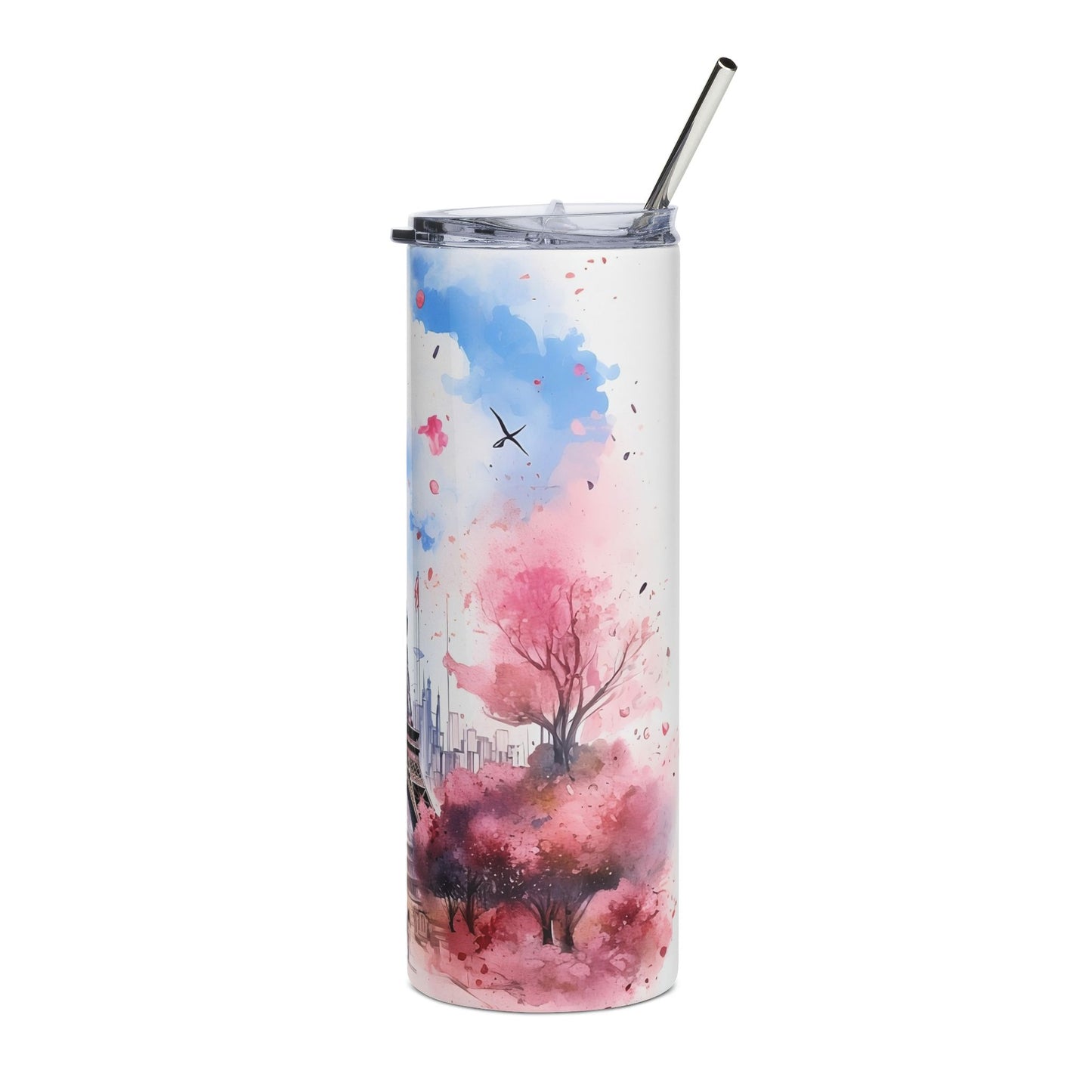 Paris Eiffel Tower 20oz Stainless Steel Tumbler — Watercolor Cherry Blossom Travel Mug