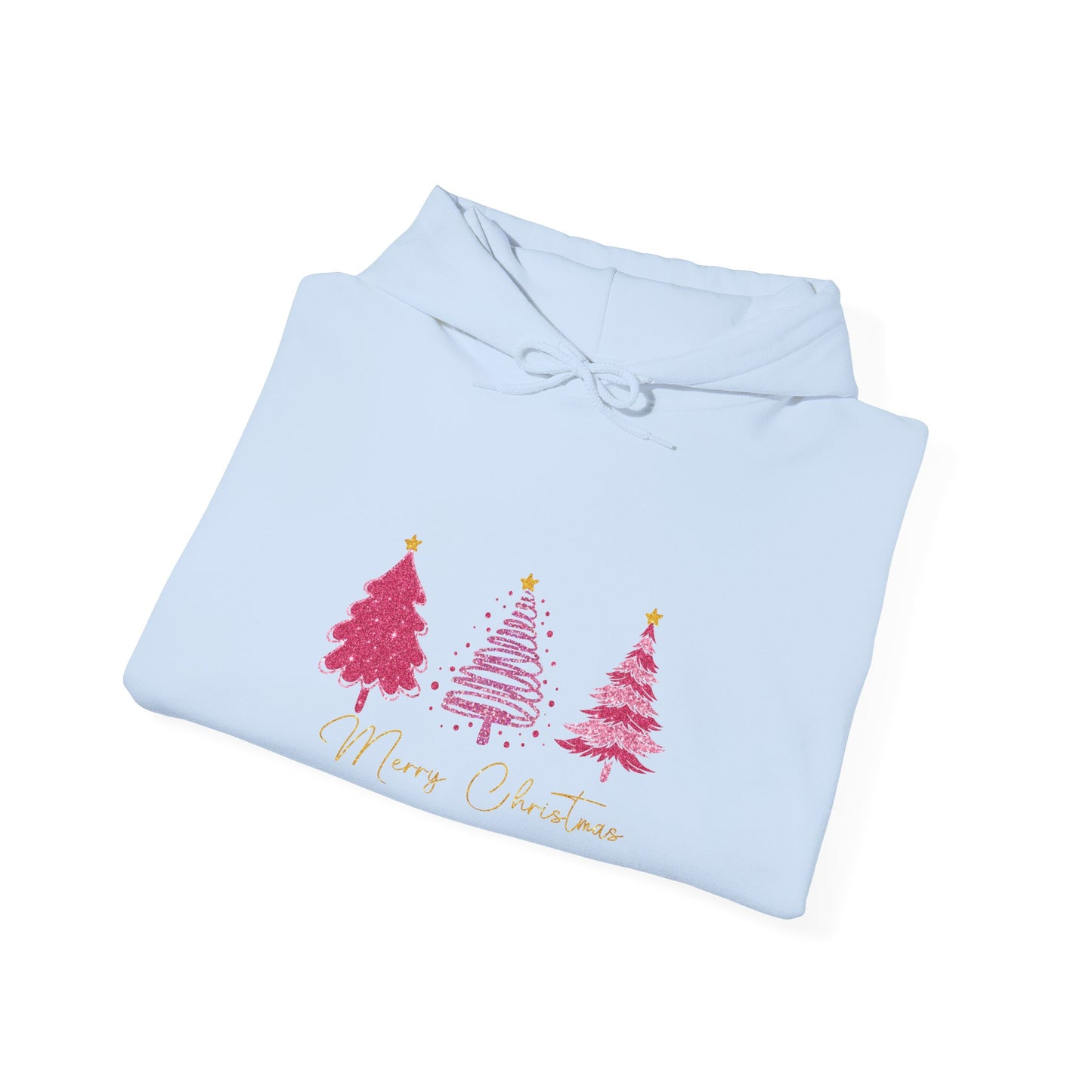 Christmas Pink Tree Hoodie — Merry Christmas Script Holiday Sweatshirt