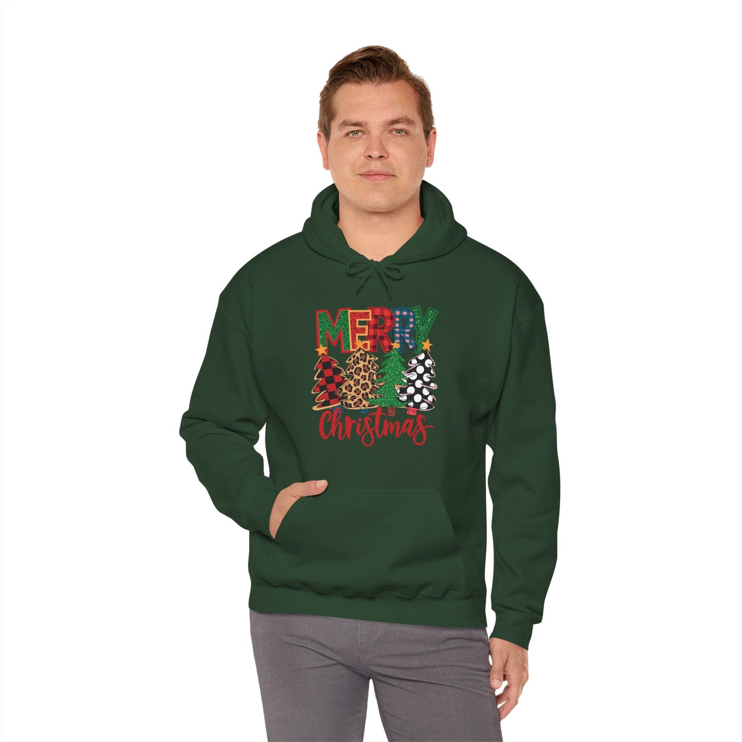 Merry Christmas Pine Tree Hoodie — Festive Buffalo Plaid Holiday Sweatshirt