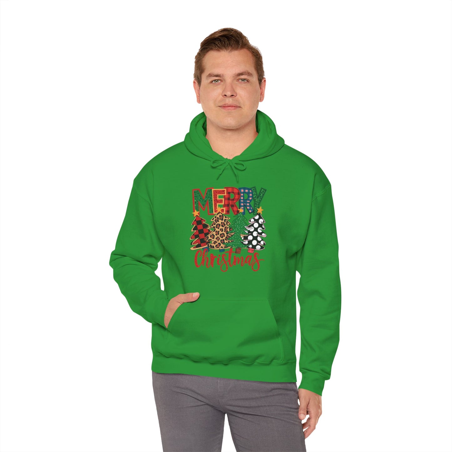 Merry Christmas Pine Tree Hoodie — Festive Buffalo Plaid Holiday Sweatshirt