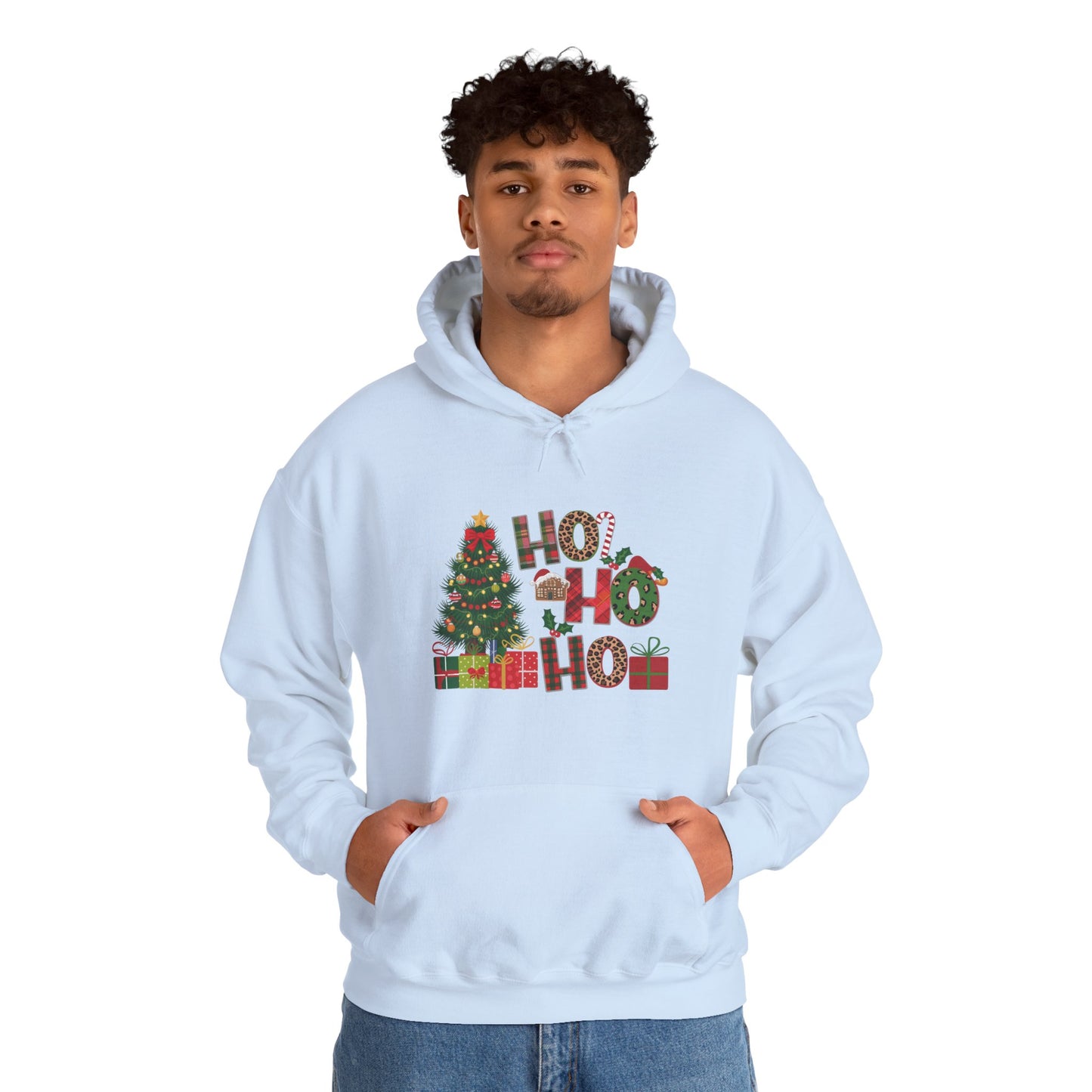 Christmas 'Ho Ho Ho' Hoodie with Tree & Gifts - Festive Holiday Sweatshirt