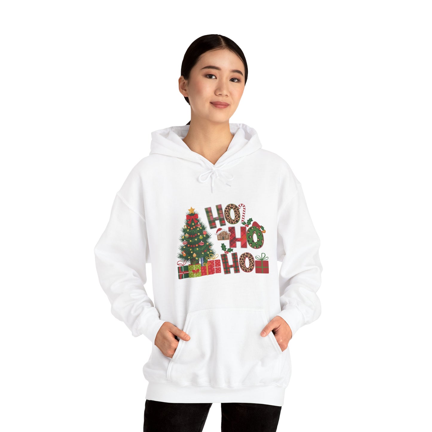 Christmas 'Ho Ho Ho' Hoodie with Tree & Gifts - Festive Holiday Sweatshirt