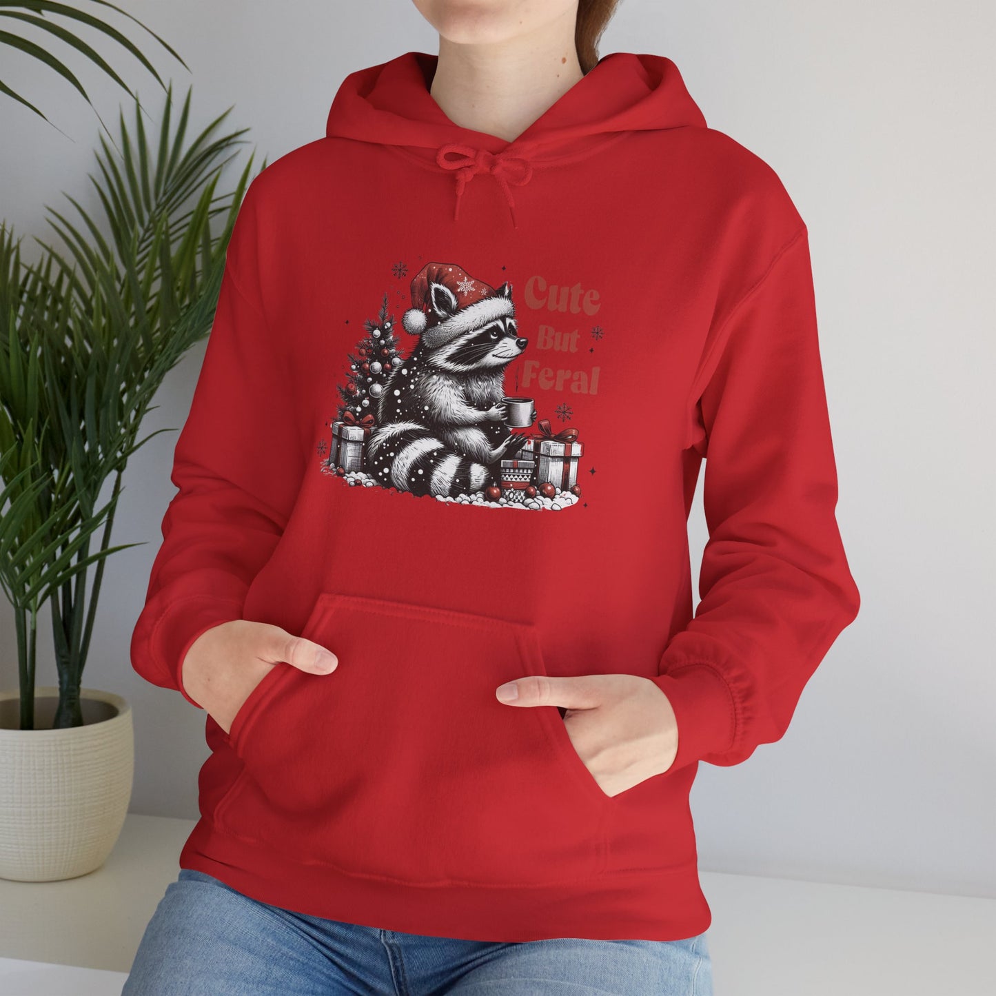 Cute But Feral Raccoon Holiday Hoodie — Christmas Animal Graphic Sweatshirt