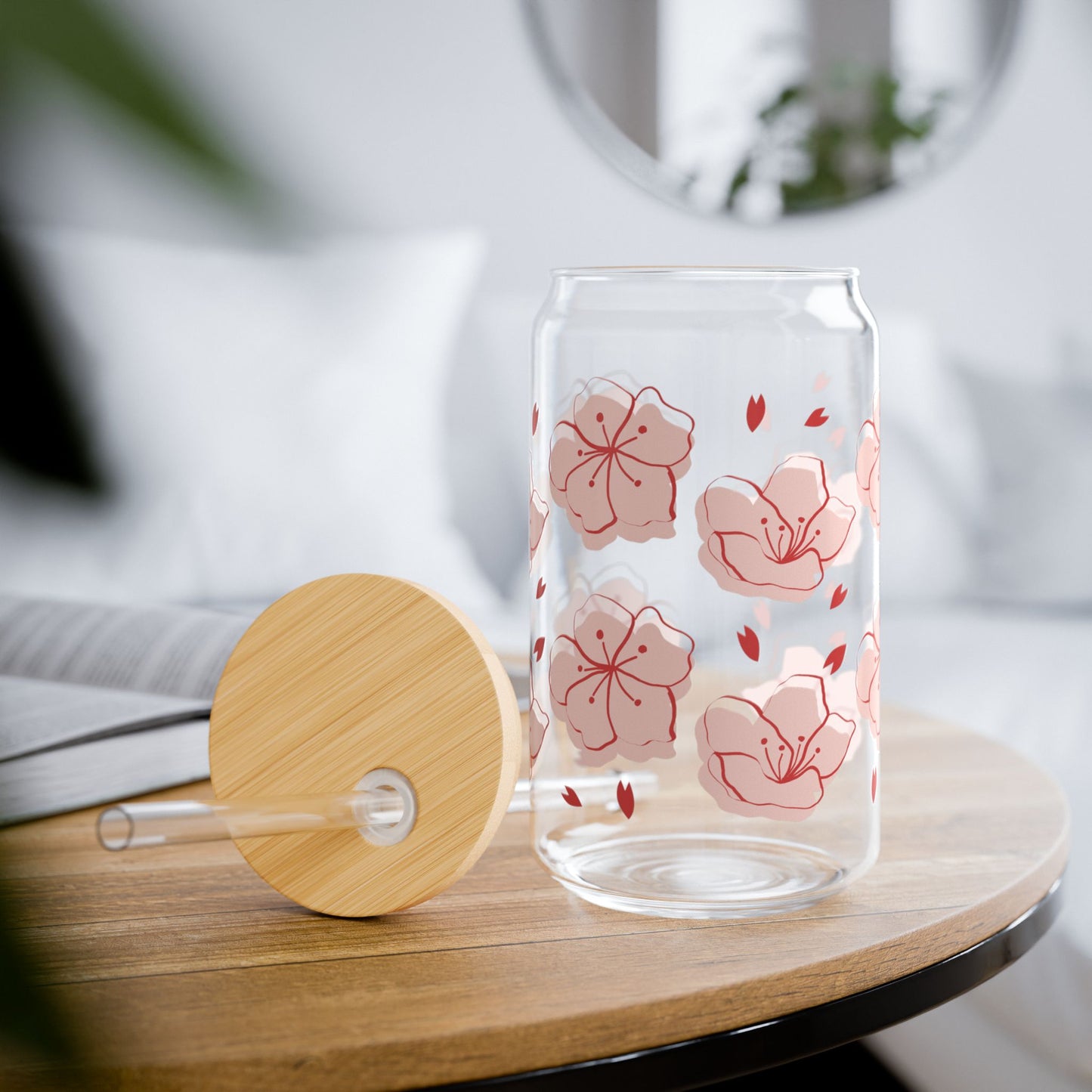 Cherry Blossom Glass Sipper, 16oz Floral Straw Tumbler