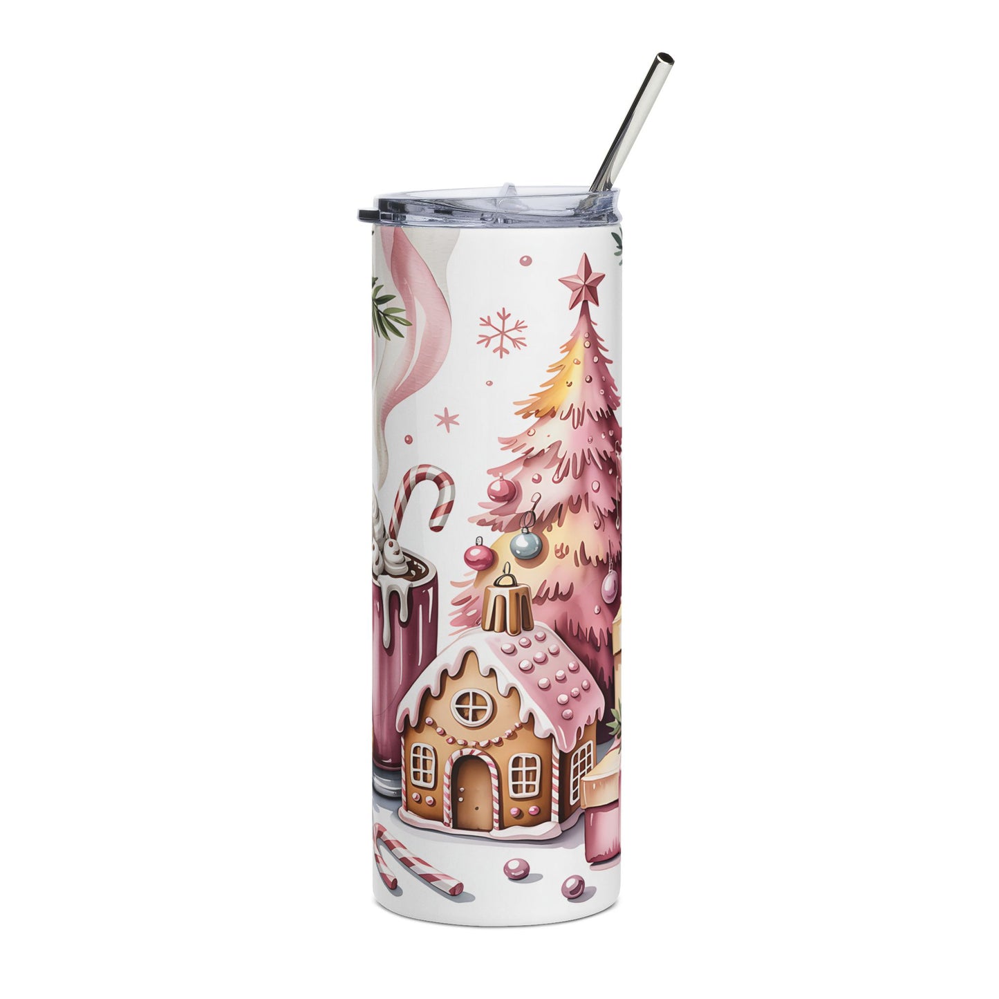 Pink Gingerbread Christmas Tumbler — 20oz Stainless Holiday Travel Cup