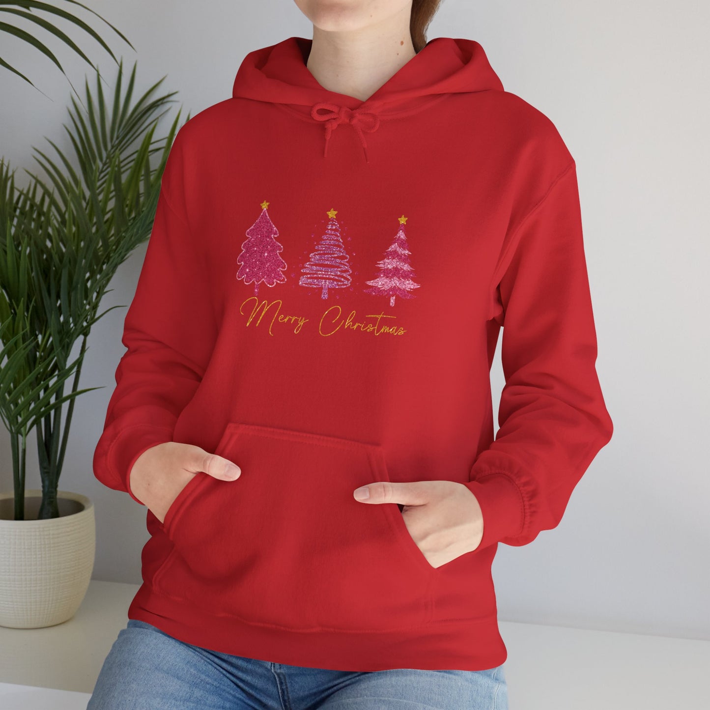 Christmas Pink Tree Hoodie — Merry Christmas Script Holiday Sweatshirt