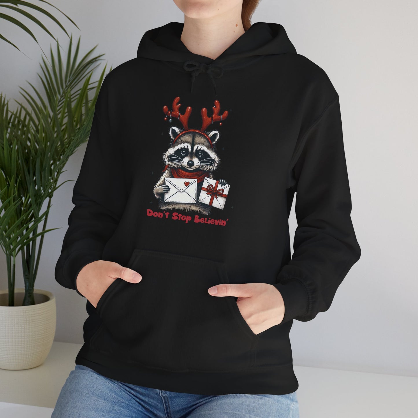 Christmas Raccoon Hoodie — 'Don't Stop Believin'' Festive Holiday Sweatshirt