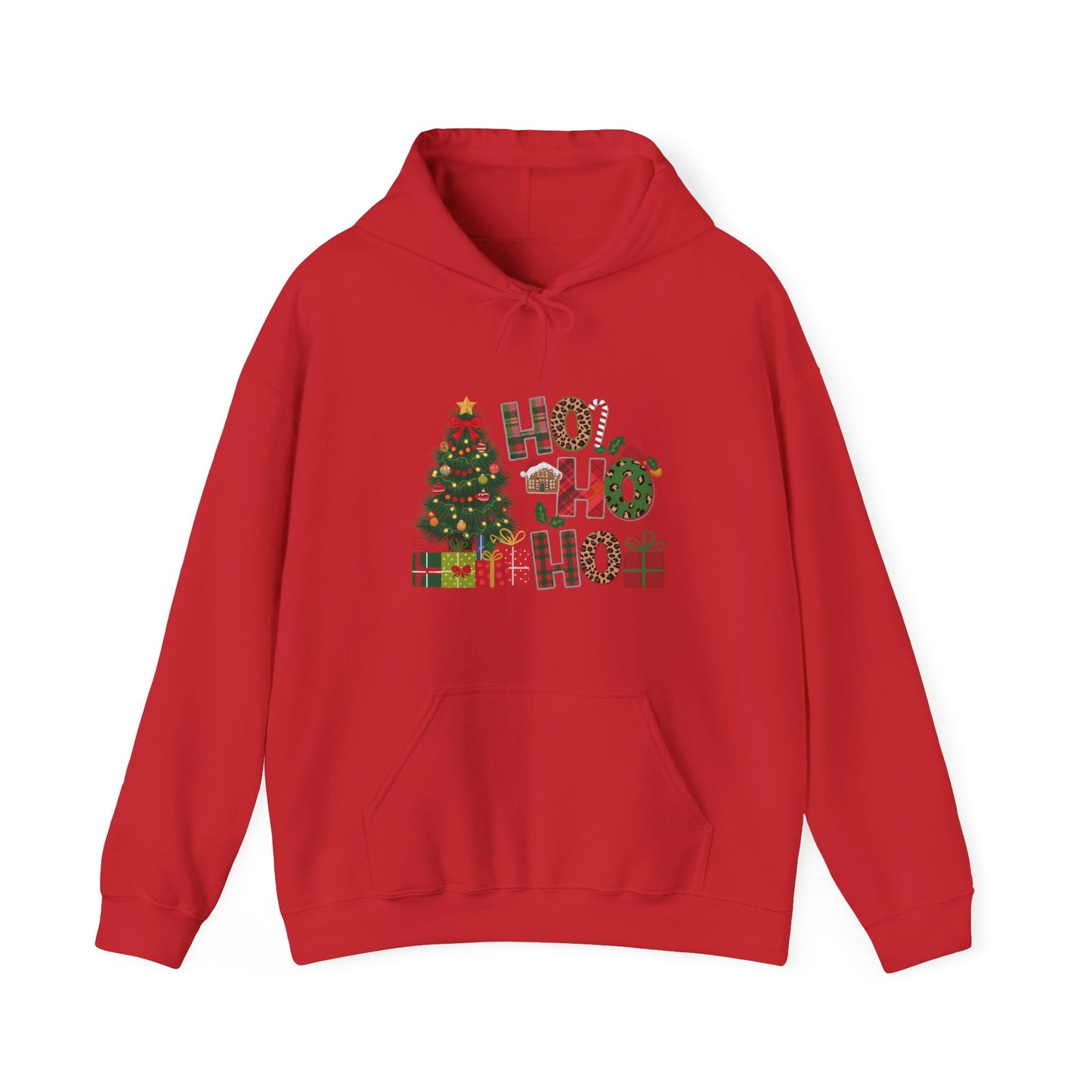 Christmas 'Ho Ho Ho' Hoodie with Tree & Gifts - Festive Holiday Sweatshirt