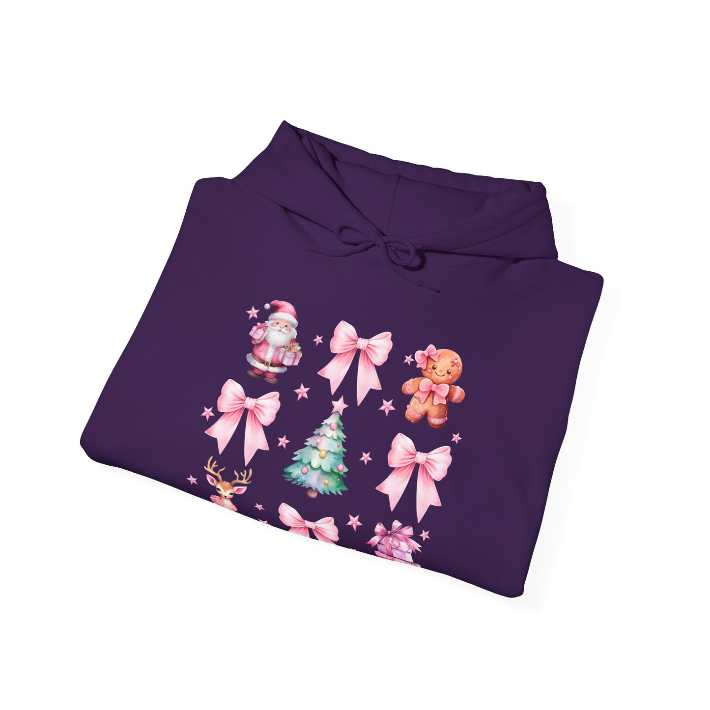 Christmas Graphic Hoodie — Pink Holiday Icons (Santa, Tree, Gingerbread, Bows)