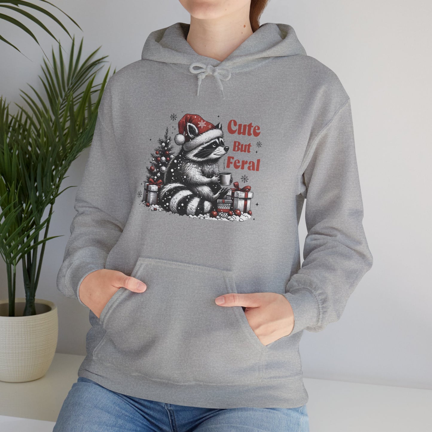 Cute But Feral Raccoon Holiday Hoodie — Christmas Animal Graphic Sweatshirt