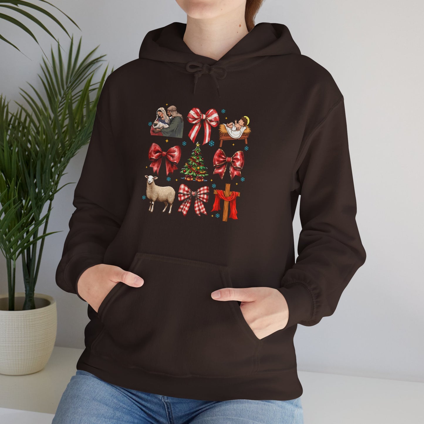Christmas Bow & Reindeer Hoodie — Festive Holiday Graphic Sweatshirt