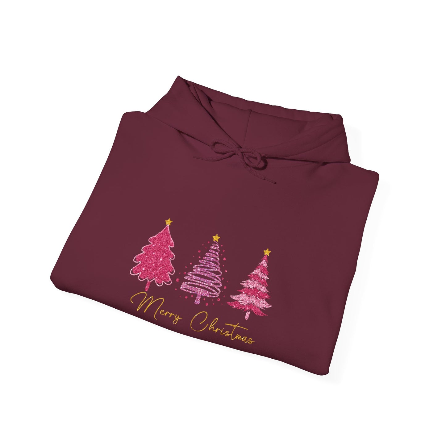 Christmas Pink Tree Hoodie — Merry Christmas Script Holiday Sweatshirt