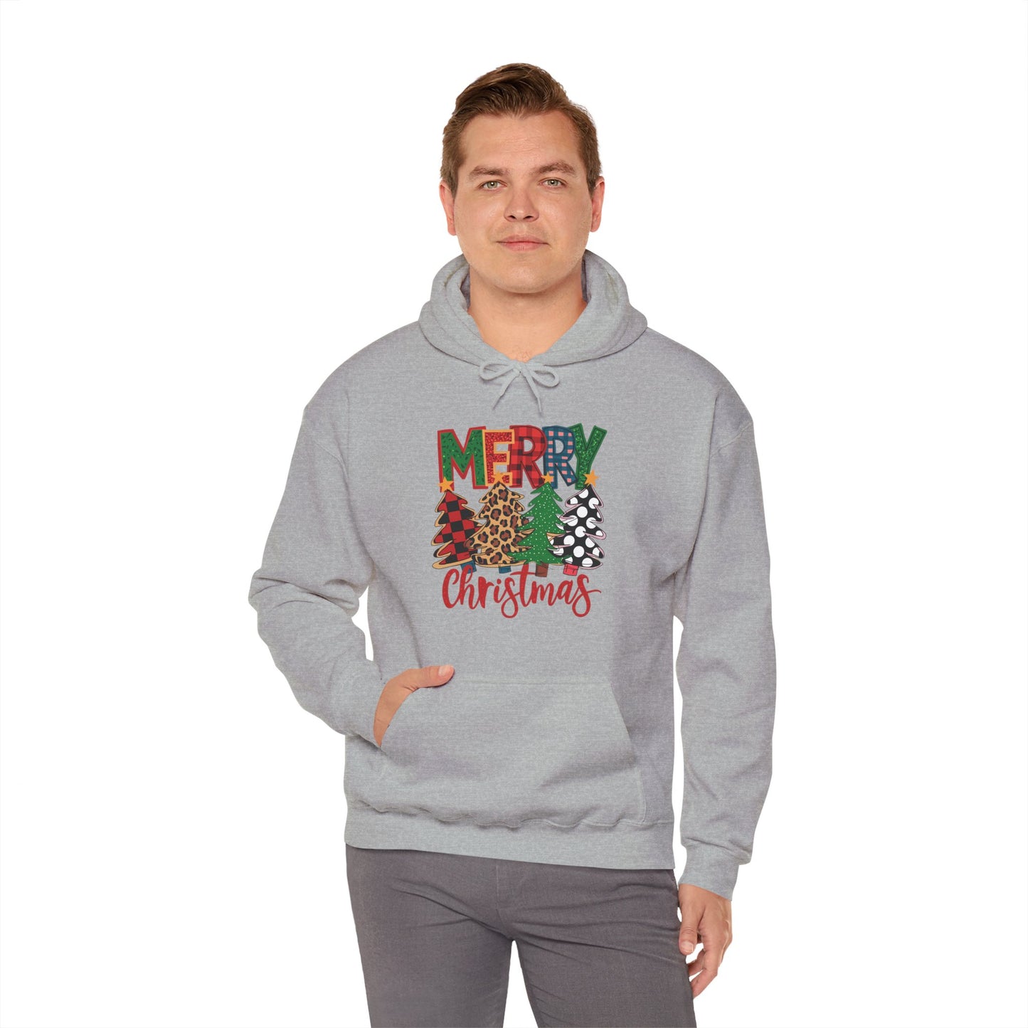 Merry Christmas Pine Tree Hoodie — Festive Buffalo Plaid Holiday Sweatshirt
